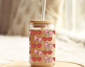 Iced Coffee Bows and Cherries Glass Sippey Cup with Lip and Straw Cute Gifts