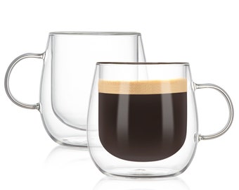 Borosilicate Double Wall Coffee Cups, Handcrafted Insulated Glass Mugs 10oz (Set of 2)
