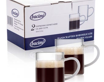 Bacimi Borosilicate Mini Glass Espresso cups 3oz / 90ML, White Handle Set of 2
