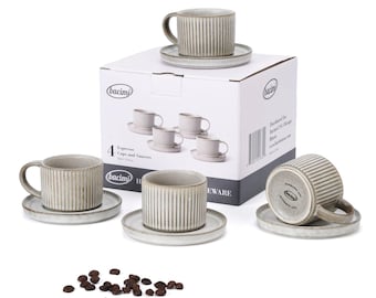 Juego de 4 mini tazas de espresso Bacimi con platillos, cerámica artesanal para café, cacao, 90 ml (3 oz), cocción de esmalte reactivo