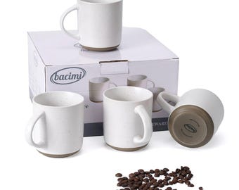 Set of 4 Artisanal Stoneware Mugs, Large Ceramic Coffee Cups (13.5oz)