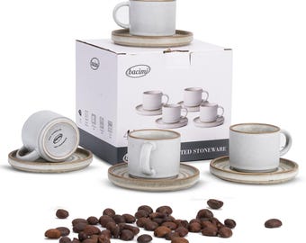 Bacimi Set Of 4 Mini Smooth Espresso Cups With Saucers, Handcrafted Stoneware For Coffee, Cocoa 90ml / 3oz Reactive Glaze Firing Process...