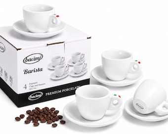 Bacimi® Espresso Cups & Saucers Set of 4 – 3 oz Thick Porcelain Coffee Cups -  Barista Style Cup Set - Classic Italian Design - Ceramic...