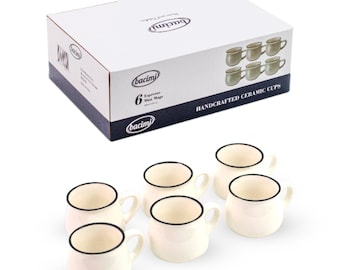Bacimi Handcrafted Ceramic Espresso Demitasse Mini Mugs With Handles 3.04oz / 90ml, Set of 6 White