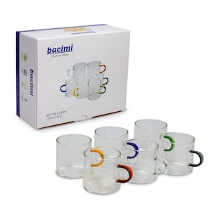 Bacimi Clear Espresso Espresso Cups with Colorful Handles - Set of 6 / 4oz / 120ML - Borosilicate Glass Mugs for Cappuccino, Tea, Latte,...