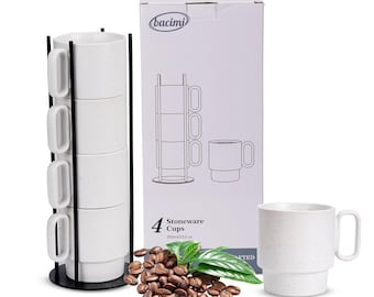 Set of 4 Stoneware Coffee Mugs With Metal Rack, Stackable Cappuccino Cups