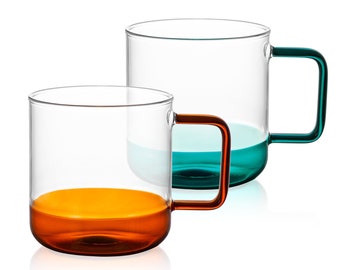 Tazas de café transparentes Bacimi® con asas coloridas - Juego de 2 / 355 ml - Tazas de vidrio de borosilicato para capuchino, té, latte, café y bebidas calientes...