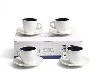Juego de 4 tazas y platillos para capuchino Bacimi® – Tazas de gres grueso estilo barista de 250 ml (8,7 oz) - Diseño clásico italiano con esmalte azul - Cerámica...