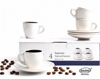 Bacimi® Espresso Cups and Saucers Set of 4 – 2.7oz Thick Barista Style Stoneware Cups - Blue Glaze Classic Italian Design - Ceramic Cups...