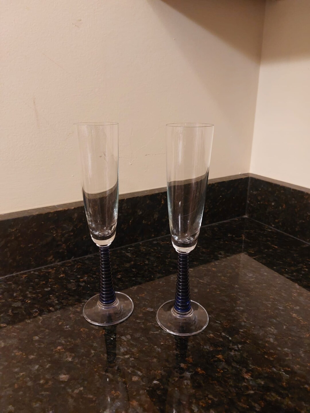 Set of 2 Vintage Bryce Retro Cobalt Blue Stem Champagne Flutes Ringed ...