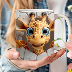 3D giraffe cartoon character Mug wrap png, 11oz and 15oz Design popping out png, cracked white ceramic wall png, Animal Lover Mug png.