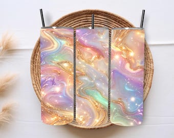Opal Gold Glitter Marble Tumbler Wrap, Pink Iridescent Seamless PNG (20oz Skinny)