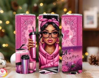 Pink Tumbler Wrap, 20 oz skinny Tumbler Wrap Sublimation PNG, Chicana Latina Mexicana Crafter design Chibi style PNG Spanish tumbler digital