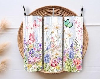 Spring Flowers Tumbler Wrap, Watercolor Floral Design, 20oz Skinny Tumbler (Digital PNG)