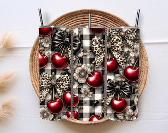 Leopard Cherry Tumbler Wrap PNG: Glossy Cherries, Coquette Bows, Checker Pattern (Digital Download)