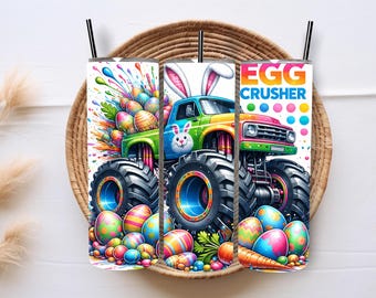 Egg Crusher Tumbler Wrap, Easter Bunny Truck Sublimation PNG, 20 oz Skinny Tumbler