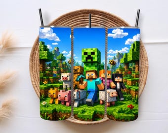 Personalized Block Game Tumbler Wrap PNG | Minecraft-Inspired Characters | Custom Name Kids Tumbler Design | Sublimation 20oz Skinny Tumbler