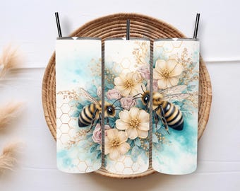 Floral Bee Tumbler Wrap, Watercolor Honeycomb Design (Digital Download)