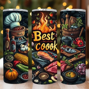 May include: Three stainless steel tumblers with colorful illustrations of food and kitchen items. The tumblers feature the text "Best Cook" on the front.