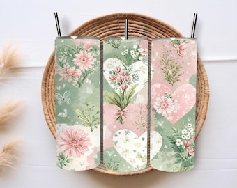 Patchwork Floral Heart Tumbler Wrap | Farmhouse Valentine Sublimation PNG (Instant Download)