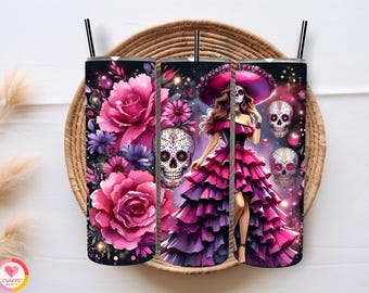 Day of the Dead Tumbler Wrap, Pink Sugar Skull, 20oz Skinny (Digital Download)