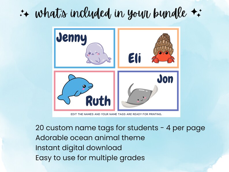 Custom Student Name Tag Templates for Teachers Ocean Animals Bundle All Grades Etsy