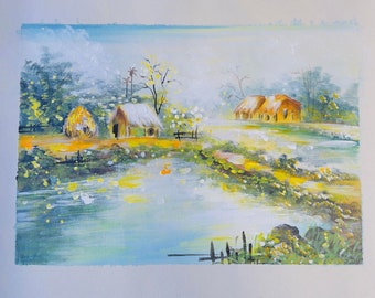 Original painting of traditional Vietnamese home village landscape