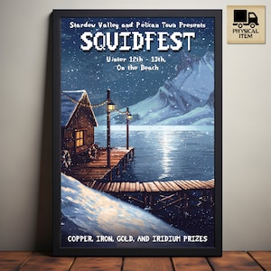 Stardew Valley Squidfest, Winter Event Poster, Stardew Valley Inspired Pixel Art, Beach Docks, Video Game Art, Physical Poster