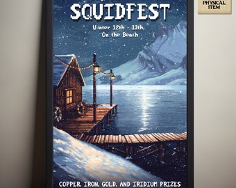 Stardew Valley Squidfest, poster winterevenement, op Stardew Valley geïnspireerde pixelart, stranddokken, videogamekunst, fysieke poster