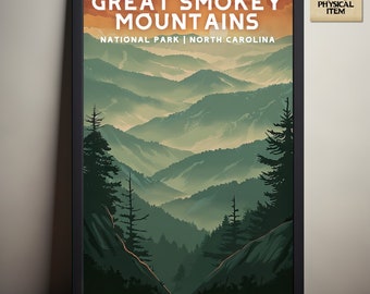 May include: A vintage-style poster with a scenic view of the Great Smoky Mountains National Park in North Carolina. The poster features a misty, green mountain range with a sunset sky in the background. The text "Great Smoky Mountains National Park | North Carolina" is printed in white on a dark orange background.