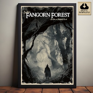 Bosque de Fangorn, Cartel del Señor de los Anillos, Arte del cartel de viaje vintage, Impresiones de carteles de LOTR, Montañas Nubladas, La Comunidad, Descarga digital
