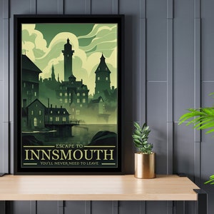 Cartel de viaje de Innsmouth (La llamada de Cthulhu), Cartel físico, HP Lovecraft, Cartel de terror lovecraftiano, Sombra sobre Innsmouth