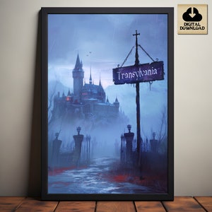 Poster di viaggio gotico della Transilvania, arte ispirata a Dracula, castello gotico, vecchia insegna, regalo libresco, tema horror, download digitale