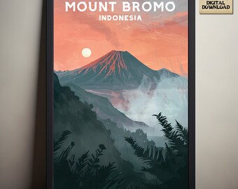 Mount Bromo, Ost Java Indonesien, Vulkan Kunst, Wildnis Poster, minimalistisch, Vintage Stil Druck, Digital Download