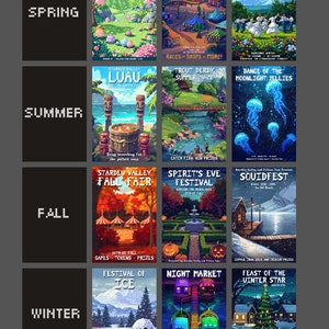 Stardew Valley-evenementposterscollectie, set van 12, afdrukbaar cadeau, lente-, zomer-, herfst- en winterfestivals. Digitale downloads