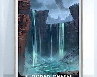 Flooded Chasm National Park Poster, Wall Art Print, Cosmere Home Decor, Nature Landscape, Gift for Stormlight Fan, Waterfall Scenery