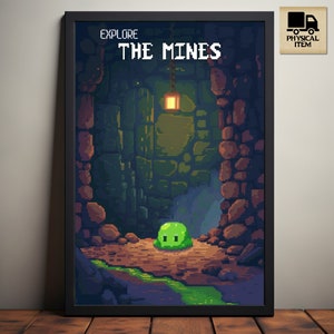 Stardew Valley Travel Poster, Explore the Mines, Art Prints, Stardew Valley Inspired Pixel Art, The Mines, Slime Monster, Physical Poster