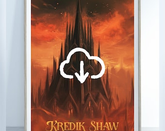 May include: A digital download of a book cover featuring a dark, gothic castle against a fiery orange and red sky. The title "Kredik Shaw" is written in gold lettering below the castle, with the subtitle "Luthadel, The Central Dominance" in smaller gold lettering below that.