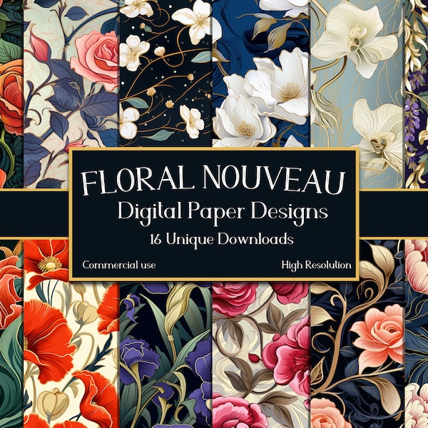 Art Nouveau Floral Designs: Seamless Scrapbooking Collection, Digital Paper, Nature scrapbook pages, printable paper, instant download