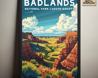 Badlands National Park, National Park Posters, Camping and Hiking gift, Minimalist, Vintage Style Print, Digital Download