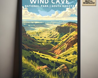 Wind Cave National Park, South Dakota National Park Poster, Camping- und Wandergeschenk, minimalistisch, Druck im Vintage-Stil, nur digitaler Download