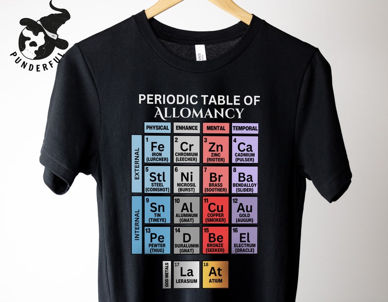 Periodic Table of Allomancy T shirt, Periodic Table of Elements Parody Design, Mistborn, Cosmere Gift, External and Internal Metals image 1