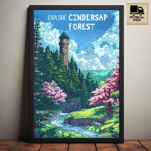 Stardew Valley Reiseposter, Explore Cindersap Forest, Kunstdrucke, von Stardew Valley inspirierte Pixelkunst, Zaubererturm, physisches Poster