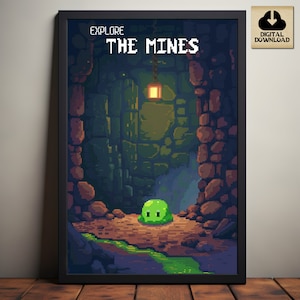 Stardew Valley Travel Poster, Explore the Mines, Art Prints, Stardew Valley Inspired Pixel Art, The Mines, Slime Monster, Digital Download