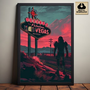 Bienvenido al cartel de New Vegas, arte de videojuegos Fallout, arte Wasteland, letrero de neón, jugador de PC, regalo de juegos para fanáticos, descarga digital