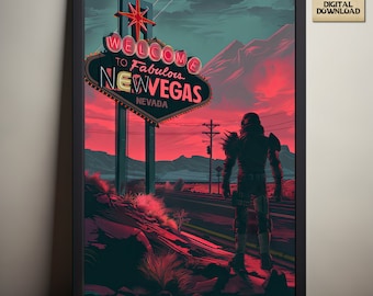 Welcome to New Vegas Poster, Fallout Video Game Art, Wasteland Art, Neon Sign, PC Gamer, Gaming Gift for Fan, Digital Download