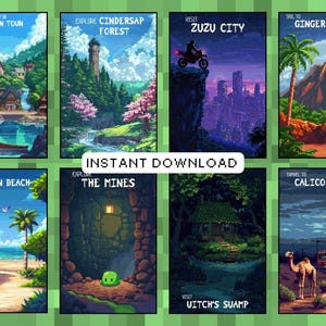 May include: A collection of eight pixel art images depicting different locations. Each image features a unique landscape, including a town, forest, city, island, beach, mines, swamp, and desert. The images are in a retro video game style.