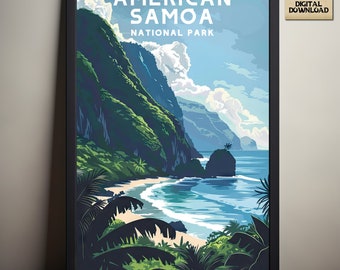 American Samoa National Park, South Pacific Ocean National Park Poster, Camping and Hiking gift, Vintage Style Print, Digital Download