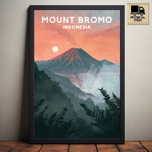 May include: A poster with a colorful illustration of Mount Bromo in Indonesia. The mountain is depicted in the background with a sunset sky and clouds. The text "MOUNT BROMO INDONESIA" is printed in white at the top of the poster.