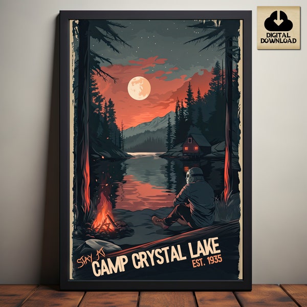 Stay At Camp Crystal Lake Poster, Ets. 1935, Horror Art Poster, 80s Retro Vintage Print, Best Horror Gift, Digital Download